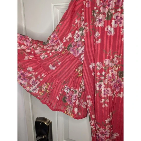 Loft Women's Size Large Dark Pink Floral Dress Lined Keyhole Ruffle Tie Belt EUC - Picture 4 of 7